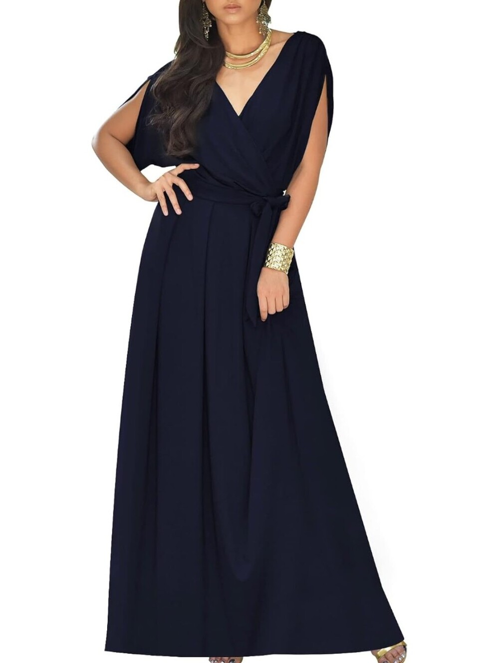 Koh Koh NWT Surplice V-Neck Goddess Sleeve Maxi Dress In Dark Navy Size L